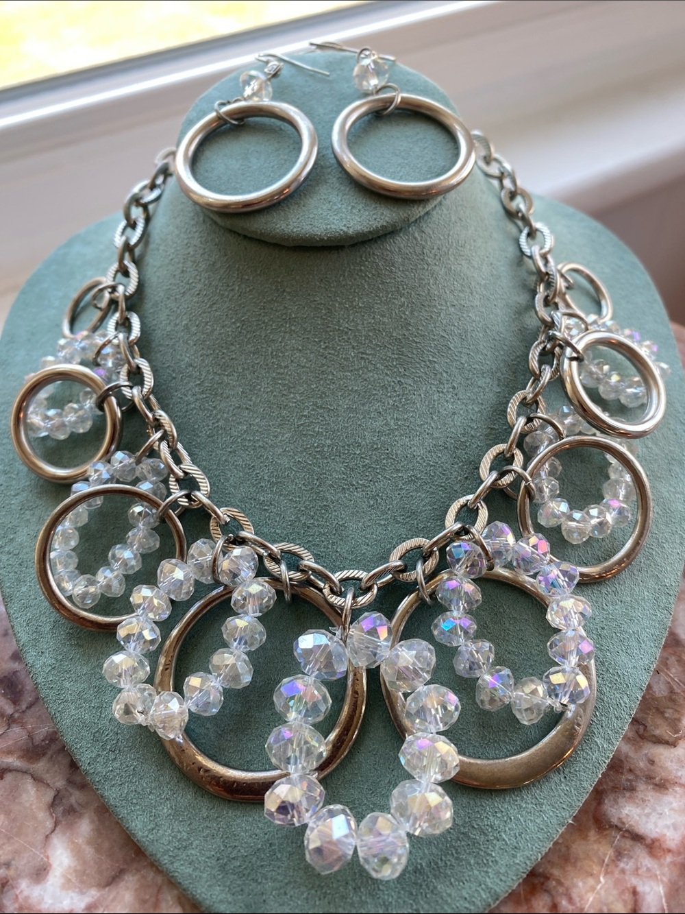 Crystal Hoop Statement Necklace & Earring Set - Silver-Tone
